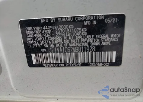 2021 Subaru Wrx Premium из США, поврежденный, VIN JF1VA1C62M9811928